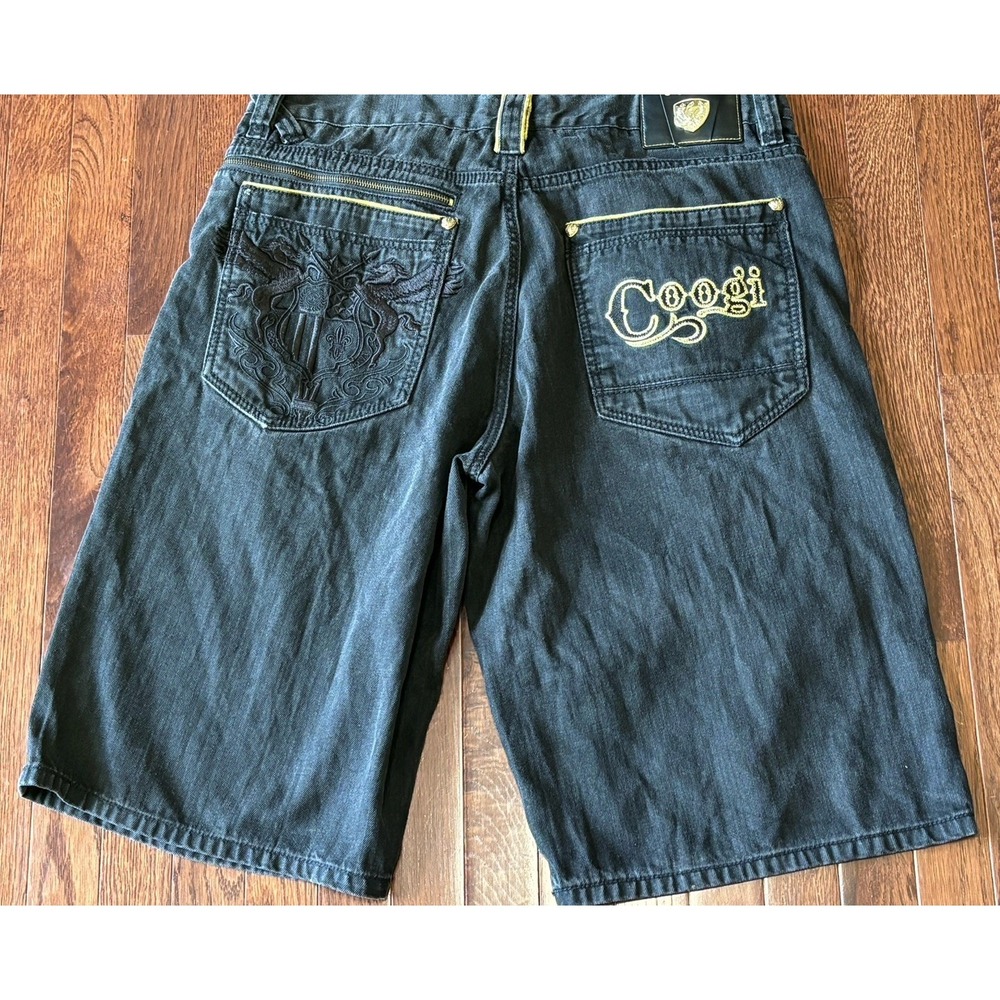 Vintage Coogi Jean Shorts Mens 38 Black Baggy Embroidered Hip Hop Y2K Skater